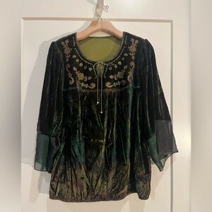 Velvet gold embroidered shear buff sleeve peasant whimsical boho whimsigoth top